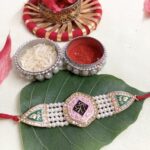 Fashion Mania Designer Handcrafted Meenakari Pearl Shree Rakhi for Bhai